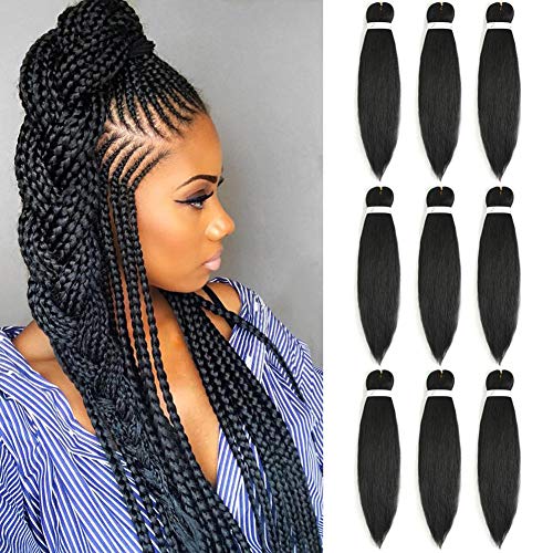 LYbeauty Braiding Hair Pre stretched Kanekalon 9 Packs/Lot 24 Inch Synthetic Ombre Braiding Hair Extensions Free Hot Water Setting Professional Soft Yaki Texture Crochet Twist Braid Hair (24", Black)