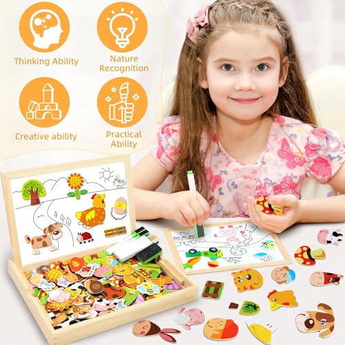 COOLJOY Magnetisches Holzpuzzle 100+ Stück, Spielzeug Ab 2 3 4 Jahre Mädchen Jungen, Pädagogisches Magnetische Holzspielzeug Mit Bauernhof-Muster, Lernspielzeug Halloween Kinder