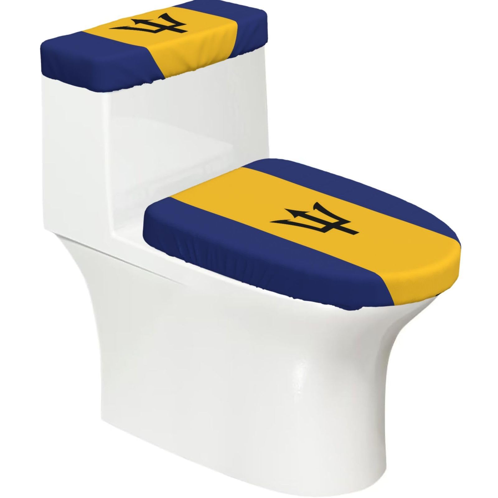 Flag of Barbados Elastic Toilet Cover Set of 2-Stretchy Lid and Tank Covers for Bathroom, Soft Washable U Shape Toilet Decor