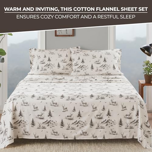 Image of Woolrich Cotton Sheet Set Cottage Charms Print, 100% Cotton Flannel Sheets Warm & Fuzzy Bedding Set Queen Size Sheets, Fitted Pocket Fits Up to 14 inch Mattress, Queen Gray Deer Toile 4 Piece