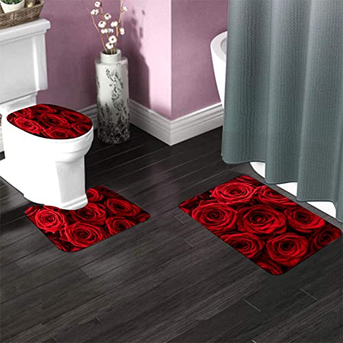 3-teiliges Badezimmerteppich-Set, roter Rosenblumen-Blumendruck, waschbare Badteppiche, rutschfest, mit Rückenpolster, Konturteppich und Toilettendeckelbezug – Bild 4