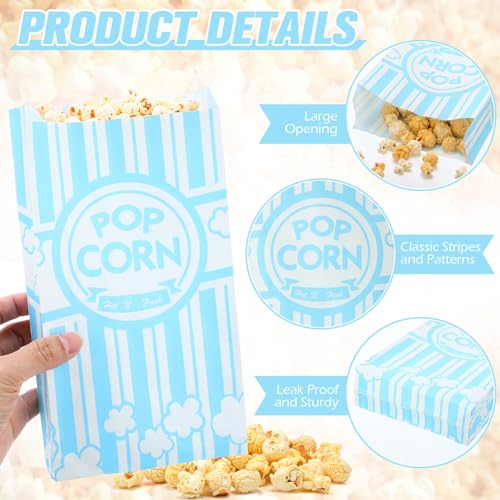 Image of Potchen 300 Pcs Popcorn Bags 2 oz Bulk Blue and White Stripes Popcorn Holders Greaseproof, Tear Resistant Disposable Treat Bags for Circus Carnival Movie Night Birthday Party Business Supplies