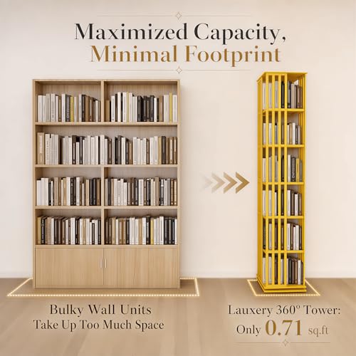 Image of Lauxery 6 Tier Bamboo Rotating Bookshelf Tower for Reading Corner, Gold | 360 degree smooth rotation, 1200 lbs total capacity, 1.71 sq ft small footprint, dual shelf heights, for small space