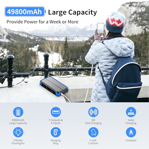Image of Solar Charger Power Bank 49800mAh Wireless Charger QC 3.0 Fast Charging Power Bank 8 Outputs 4 Inputs Solar Portable Charger Compatible with All Mobile Devices,SOS /Strobe /Strong Flashlights (Blue)