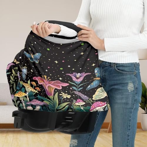 Image of Coldinair Mushroom Car Seat Cover for Babies Boys Girls,Floral Nursing Cover,Soft Stretchy Infant Carseat Canopy,Shopping Cart /High Chair /Stroller Covers