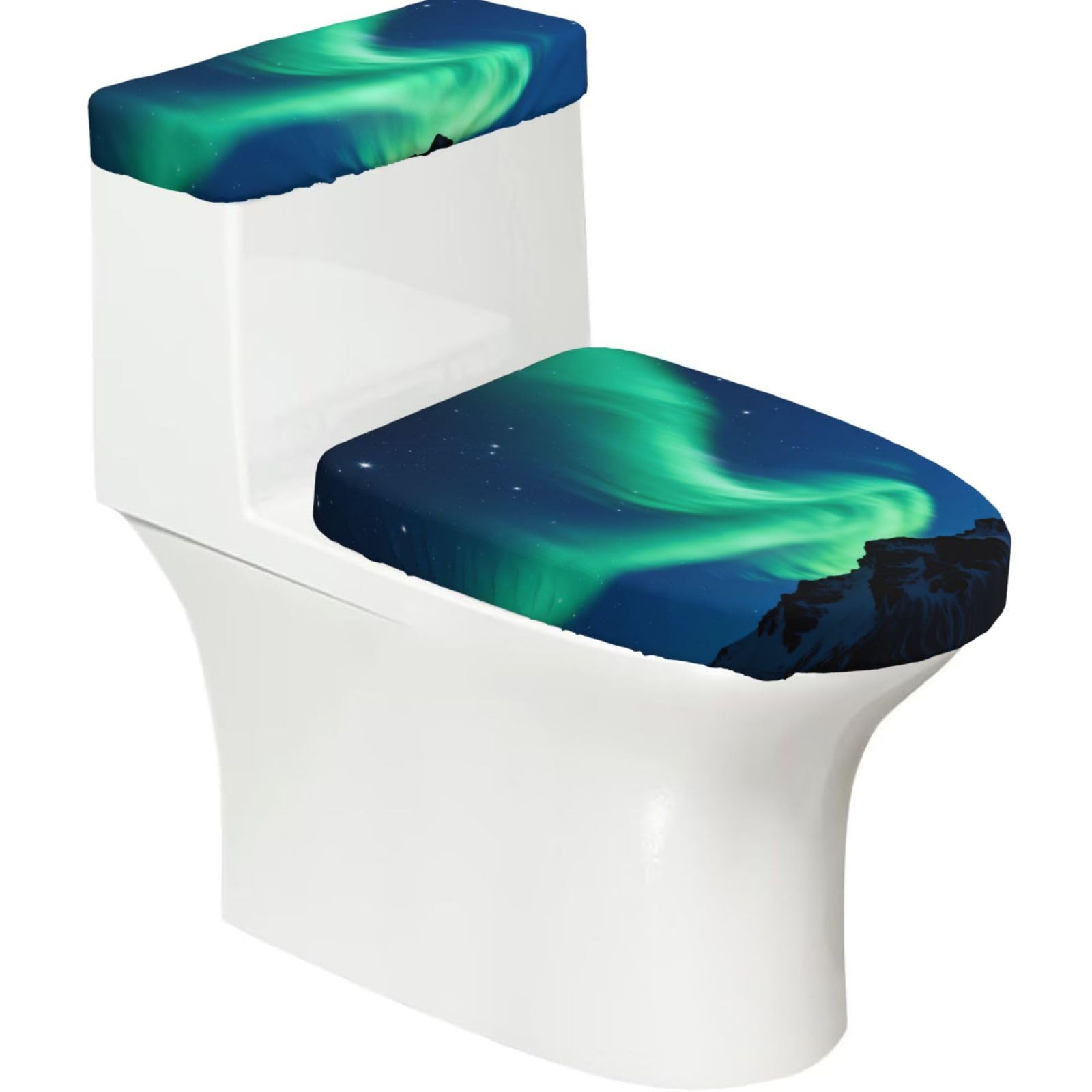 Aurora Night Sky Elastic Toilet Cover Set of 2-Stretchy Lid and Tank Covers for Bathroom, Soft Washable U Shape Toilet Decor