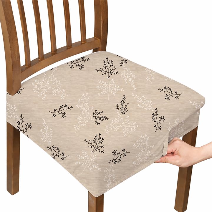 Image of Stretchable Dining Chair seat Cover Set of 6 Seater Elastic Washable Chair Protector for Dining Room, Office and Restaurant, Universal fit Printed Spandex Fabric-Beige Cream