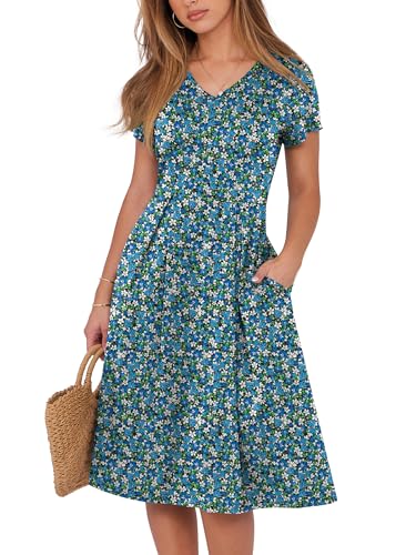 Image of ANRABESS Women Summer Dress Casual Short Sleeve V Neck A-Line Knee Length Pleated Flowy 2026 Fashion Midi Dresses with Pocket