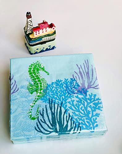 40-ct 13x13 Celestial Seahorse Among Coral Blue | Decoupage Dinner Paper Napkin | Nautical Coastal Napkin | Pretty Blue napkin for Brunch Party - Image 4