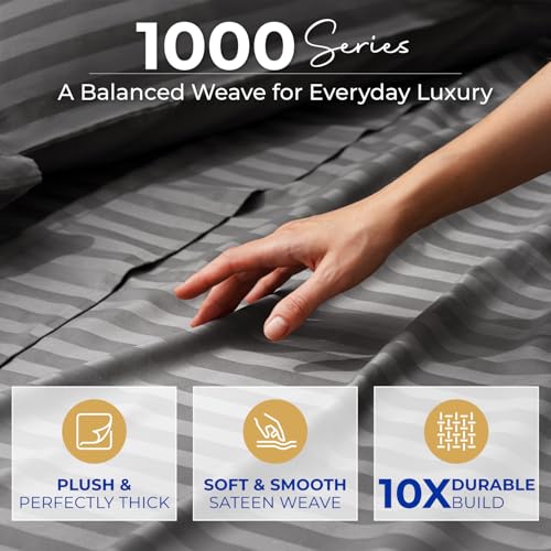 Image of THREAD SPREAD Full Size Bed Sheets, Luxury 1000 Series Paradise Collection 100% Egyptian Cotton Damask Striped Sheets Full Size Set (4 PC, Dark Grey Stripe), Soft 16 inch Deep Pocket Hotel Sheet Set