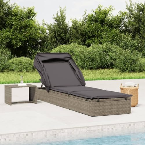 Gecheer Tumbona de Jardín Tumbona con toldo Plegable Tumbona Jardin Exterior Sofá Cama de Exterior Tumbona Reclinable de Balcón Patio Jardín Terraza ratán sintético con Cojines Gris 4#