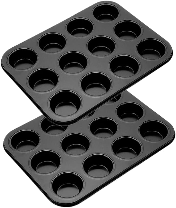 12 Cup Muffin Pan，Carbon Steel Cupcake Pan Muffin,Nonstick Cake Molds/Tin,for Baking Muffins Cupcakes, BPA Free,Easy Release & Clean, Oven Safe–Set of 2 (black)