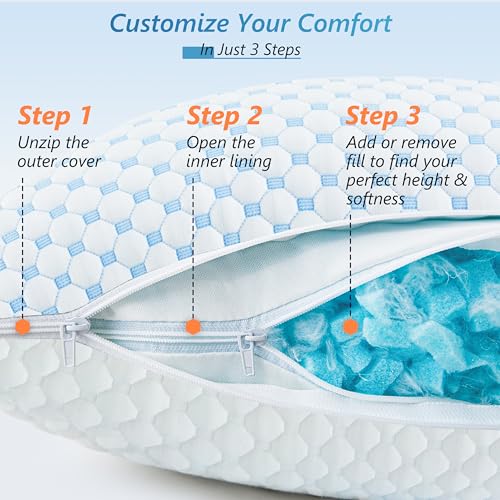 Image of UYWO Cooling Firm Bed Pillows Set of 2, Shredded Memory Foam Pillows for Sleeping Luxury Gel Pillows for Side Back Stomach Sleepers with Removable Washable Cover(Blue, Standard)