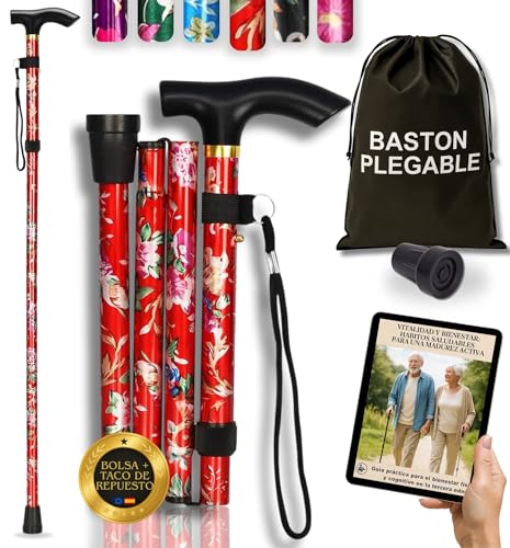 Super Pack Bastón Plegable + Bolsa Transporte + Taco Antideslizante Repuesto | Bastones para Mayores Ajustables en Altura | Aluminio Ultraligero | Evita Caídas y Camina con Seguridad (Flores Rojo) Super Pack Bastón Plegable + Bolsa Transporte + Taco Antideslizante Repuesto | Bastones para Mayores Ajustables en Altura | Aluminio Ultraligero | Evita Caídas y Camina con Seguridad (Flores Rojo)