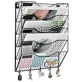 COSYAWN 5 Tier Wall File Holder with Hook, Hanging Mail Organizer Metal Chicken Wire Wall Mount Magazine Rack, Black