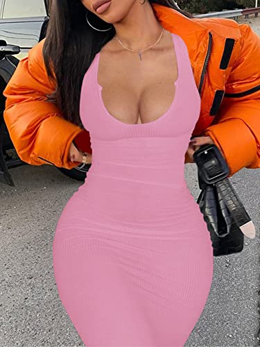 Image of Women Sexy Two Piece Skirt Outfits Long Sleeve /Sleeveless V Neck Bodycon Ribbed Knitted Maxi Club Party Dress