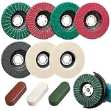 BURMONG 10 Stücke 115mm Schleifscheibe & Polierscheibe Set – 5 Nylonfaser Fächerscheiben & 2 Woll Polierscheiben & 3 Polierpasten für Winkelschleifer, Scheuerscheibe für Metall (22mm Aufnahme)