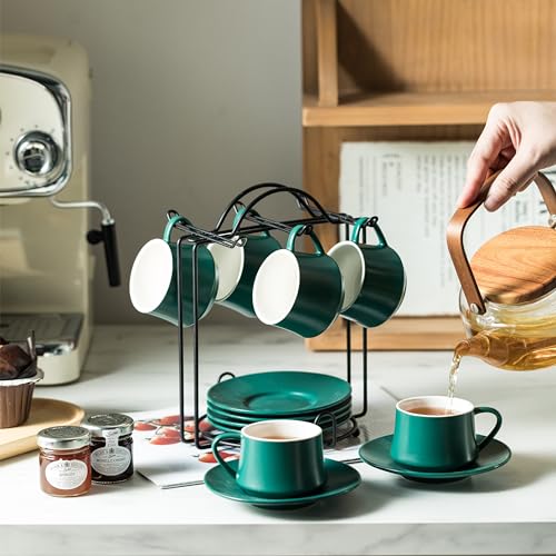 YHOSSEUN Porcelain Espresso Cups Set of 6, Expresso Shots Cup with Stand for Double Espresso, Cafe Mocha, Americano, 4 Oz Small Coffee Cup and Saucers Set, Dark Green - Thumbnail 3