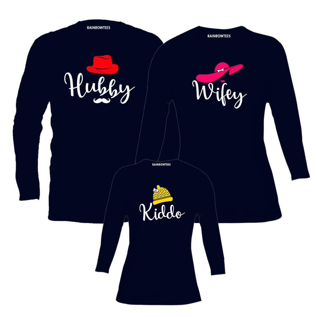 RAINBOWTEESHubby Wifey Kiddo Family Tshirts Set of 3 for Father Mother and Kids