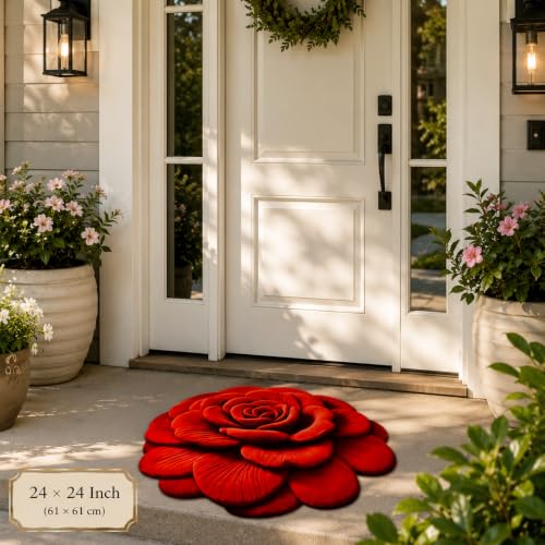 Image of Red Rose Decorative Floor Mat | Anti-Slip, Water Absorbent & Machine Washable | Premium Soft Microfiber Decorative Rug for Home, Living Room & Bedroom | 25x25 Inch, (Red, Rose Flower)