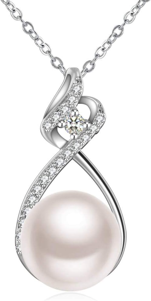 Pearl Women Pendant Necklace, 925 Sterling Silver, 5A Cubic Zirconia, Valentines Gifts, Allergen-Free, 45+5cm Extender, Jewellery Never Forget with Gift Box