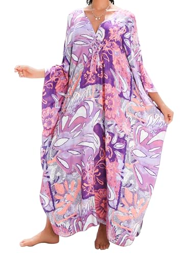 Image of Yanziliu Kaftan Dress for Women,Plus Size Hawaiian Batwing Sleeve Beach Cover Up Summer Swimsuit Dresses