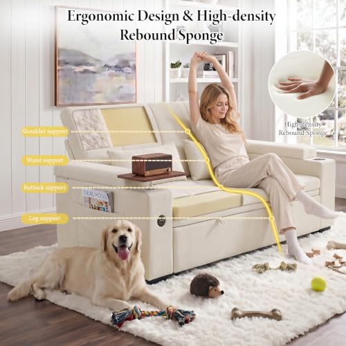 Image of Dreamzie 65'' Convertible Sleeper Sofa Bed with Swivel Side Table, Chenille Pull Out Couch for Living Room, Loveseat Sleeper Couch with Hidden Storage Space | Charging Port | Cup Holders, Off White