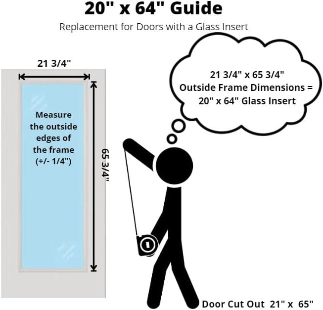 Diagram showing how to measure for a 20x64 glass insert, with outside frame dimensions of 21 3/4 x 65 3/4 inches.