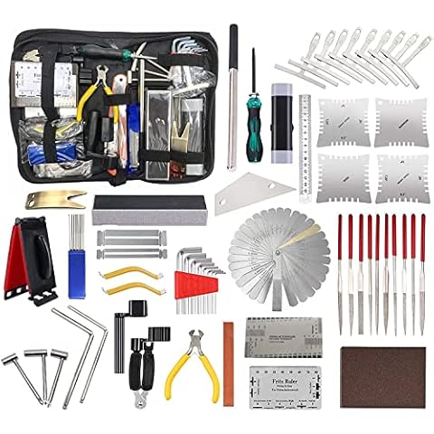 TUOREN 61Pieces Complete Guitar Repairing Tool Kit with Ruler Gauge Measuring Tool Hex Wrench Files Fingerboard Guard Grinding Stone Guitar Gift for Acoustic Electric Guitar & Bass Banjo Cover