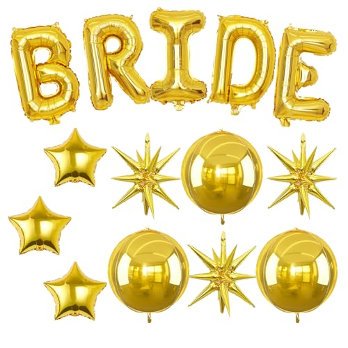 Image of Gold Bride Balloons Bachelorette Party Decorations, 32in Gold Giant Bride Balloons with 4D Disco Ball Balloon and Star Foil Balloon for Bridal Shower Wedding Engagement Party Supplies
