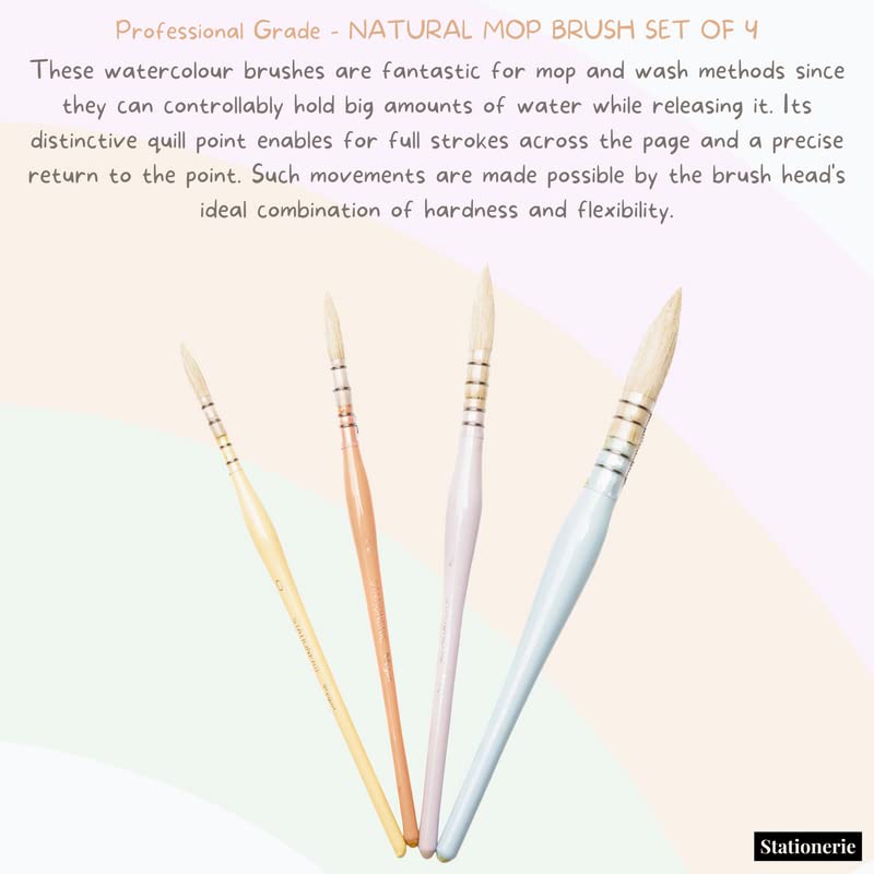 Image of STATIONERIE Mop Brush for Painting - Natural Artists' White Goat Hair Watercolor Brush Set for Artists, Cruelty-Free Paint Brush Set of 4(Pastel Edition)