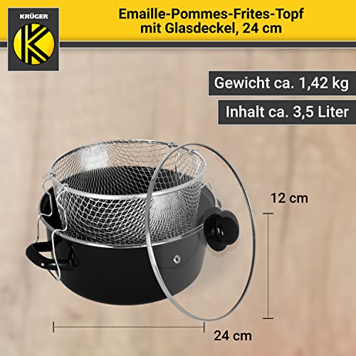 Krüger Emaille-Pommes-Frites-Topf mit Chromrand, Siebeinsatz und Aufliege-Glasdeckel - 24cm - perfekte Wärmeleitung - Topf zum Frittieren von Pommes-Frites, Calamares, etc. – Bild 7