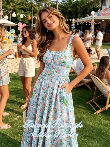 Image of YIOYOLA Womens Casual Summer Dress with Pockets | Sleeveless Square Neck Flowy A-Line Midi Sundress for Beach & Wedding Guest