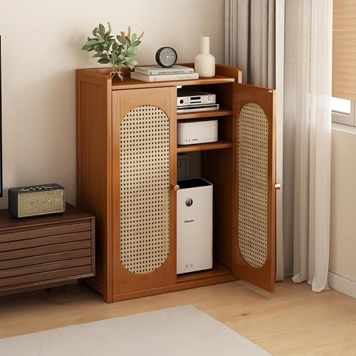Image of FUKEFUZ Boho Rattan Sideboard Storage Cabinet - Slim Bamboo Console Table for Entryway & Hallway, Floor Standing WiFi Router Hider Box with Breathable Mesh Doors, 10" Depth Accent Furniture(32.2in)