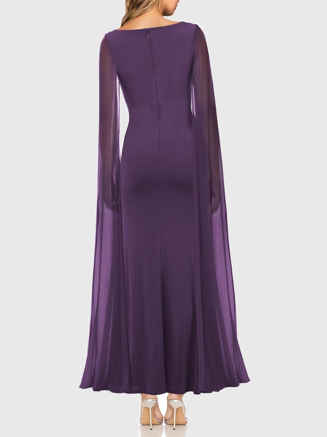 Lrady Women's Formal Evening Gowns High Split Ruffle Wedding Guest Cape Sleeve Cocktail Party Maxi Dresses - Image 2