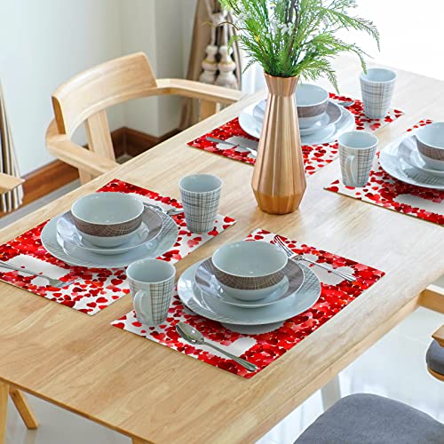 Red Heart Shaped Table Mats - Scattered Hearts Place Mats Indoor Set Of 4 Valentine's Day Placemats Non-Slip Falling In Love Romance Dinner Mats For Holiday Kitchen Dining Decor 12X18 Inch #TOP6