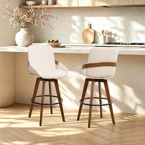 Image of AQG Counter Stools Set of 2, 26.3 Inch Mid Century Modern Counter Height Bar Chairs, Swivel Barstools with Walnut Craft, Faux Leather Upholstered Furniture for Island /Counter (Beige, 26.3 inch-2 PCS)