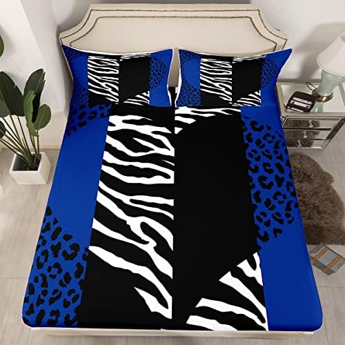 Leopard Zebra Fitted Sheet Queen Size for Women Girls,Black Navy Blue Patchwork 