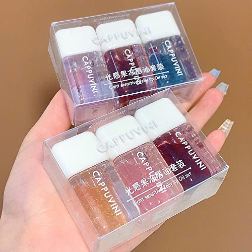 Sitovely 3 Colors Jelly Hydrating Lip Oil Set, Fruit Extract Moisturizing Clear Lip Glow Oil Transparent Plumping Lip Gloss, Shimmer Lip Balm for Lip Care, Nourishing Non-sticky Lip Tint (C)