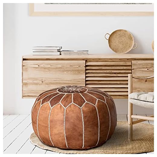 Fezcrafts 40+ Colors Stuffed Moroccan Ottoman Genuine Goat Leather Round Handmade Pouf Footstool Living Room Cocktail Seats Tribal Boho Furniture (Tan Brown)