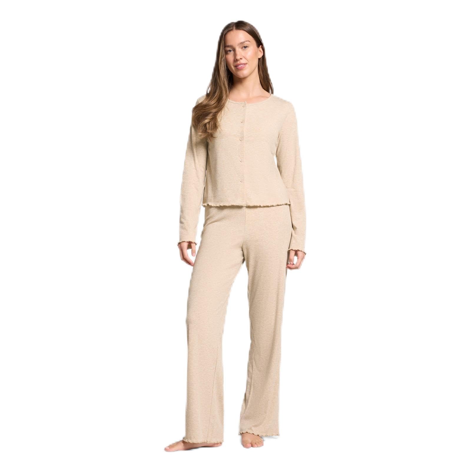 OHS Ribbed Bride Pyjamas, Gifts for Women Lettuce Edge Long Sleeve Round Neck Full Length Bottom Pjs for Women Sets Two Piece Button Down Women's Pyjama Sets Loungewear Sleepwear, Natural - S/M