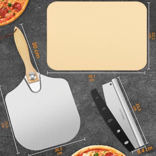 GOFOWRK Pizzastein 5er Set, 38 x 30 cm Großes Rechteckiges Pizzastein für Backofen & Gasgrill & Außengrill mit Metall-Pizzaschieber & Pizzaschneider, 1,5 cm Verdickt Backstein für Backofen Brot