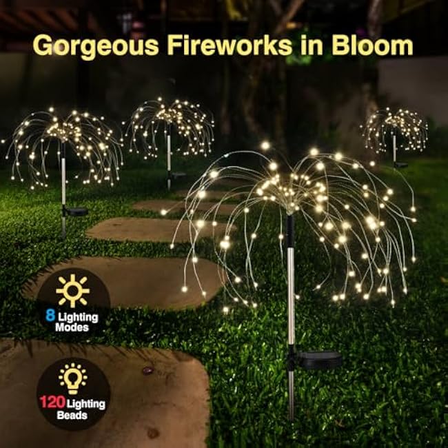 Firework Solar Garden Lights 4 Pack, 120 LED Solar Firework Lights with 8 Lighting Modes, Waterproof Sparkler Starburst Solar Lights Outdoor for Yard Porch Patio Backyard, Warm