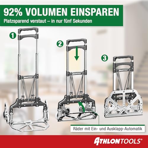 ATHLON TOOLS Aluminium Treppensteiger-Sackkarre klappbar TÜV geprüft – extra Langer Griff 110 cm, Ladefläche mit Anti-Rutsch-Pads