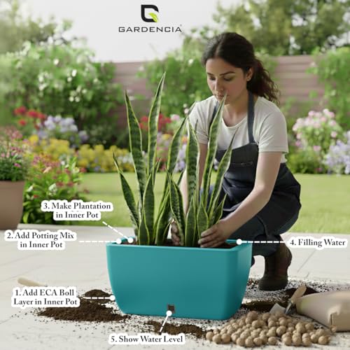 Image of GARDENCIA Self Watering Flower Pots for Outdoor Indoor Gardening /Rectangle Big Plant Pot with Polypropylene UV Material /Decorative Modern Gamla (Sea Green, Pack of 4)