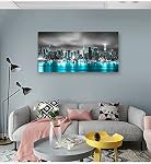 Tigeridge New York City Skyline Toile Wall Art Print Modern Night City Teal Picture Turquoise Highlights Peinture Artwork for Living Room Bedroom Office Home Wall Decor Ready to Hang 120L x 60W cm