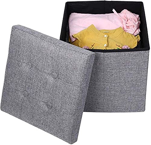 Boîtes de rangement pliables repose-pieds escabeau cube lin gris - 3