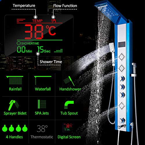 Panel de ducha hidroeléctrico azul y negro, columna de ducha con LED, lluvia y cascada, pantalla digital LCD y rociador bidet miniatura 6