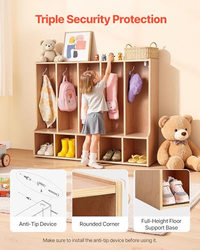 Image of VEVOR 5-Section Coat Locker with Bench, Kids Lockers with 10 Hooks & Non-Slip Mat, Classroom Cubbies for Daycare, Home, Kindergarten- Natural