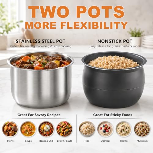 Image of CARORI 6 Qt Electric Pressure Cooker, 9-in-1 Multi-Cooker with 2 Inner Pots, 6 Qt Stainless Steel Pot and 5 Qt Ceramic Nonstick Pot, 12 Presets, IMD Touchscreen, Black